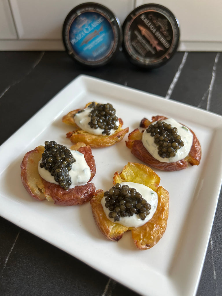 CRISPY SMASHED POTATOES WITH CREME FRAICHE AND CAVIAR