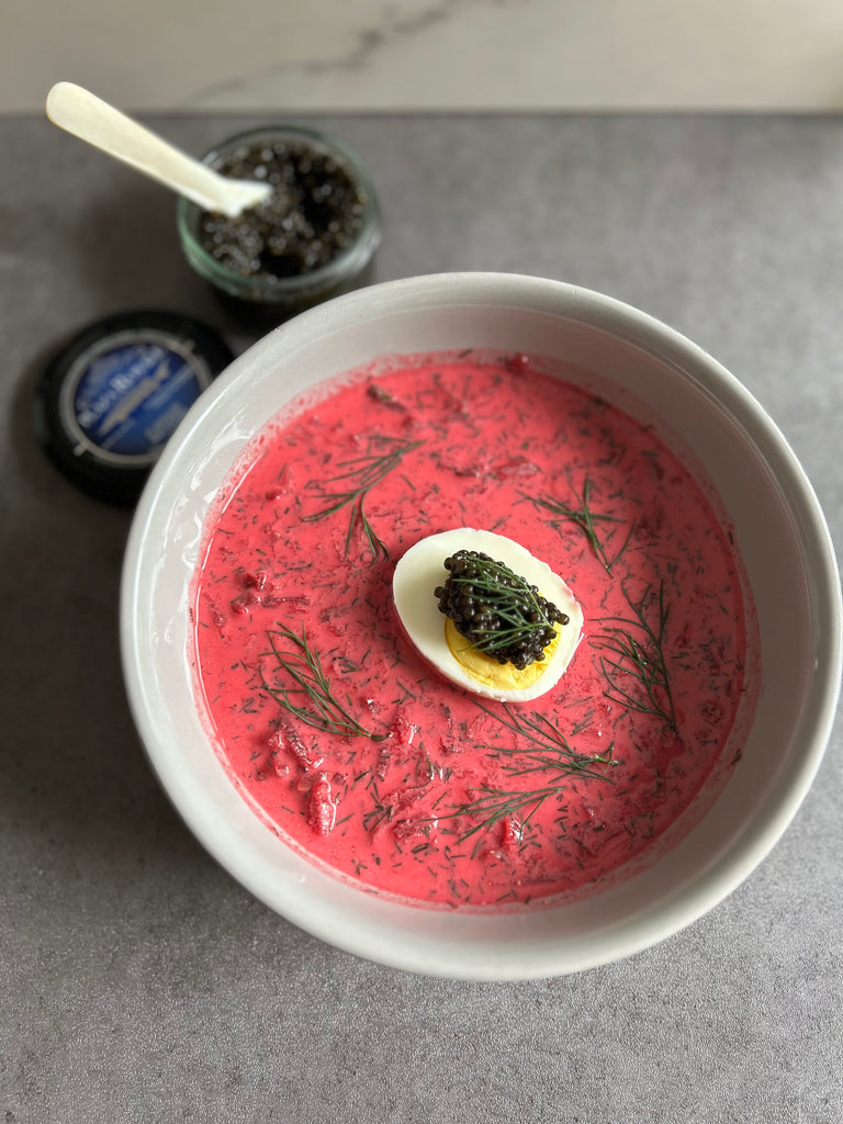COLD BEET SOUP TOPPED WITH AN EGG AND CAVIAR